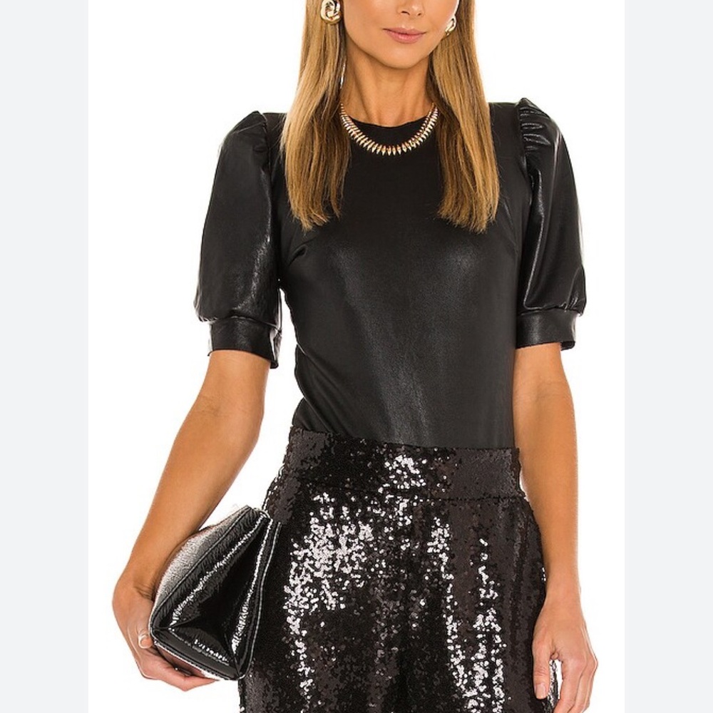 Commando Faux Leather Puff Sleeve Bodysuit in Black Size Medium